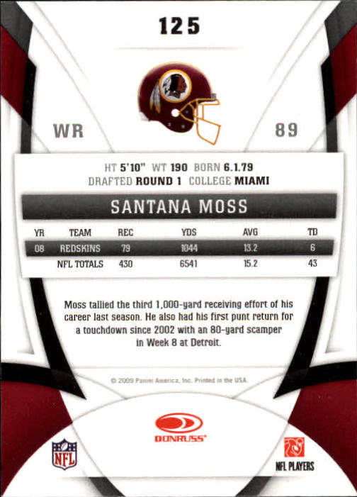 2009 Certified #125 Santana Moss back image