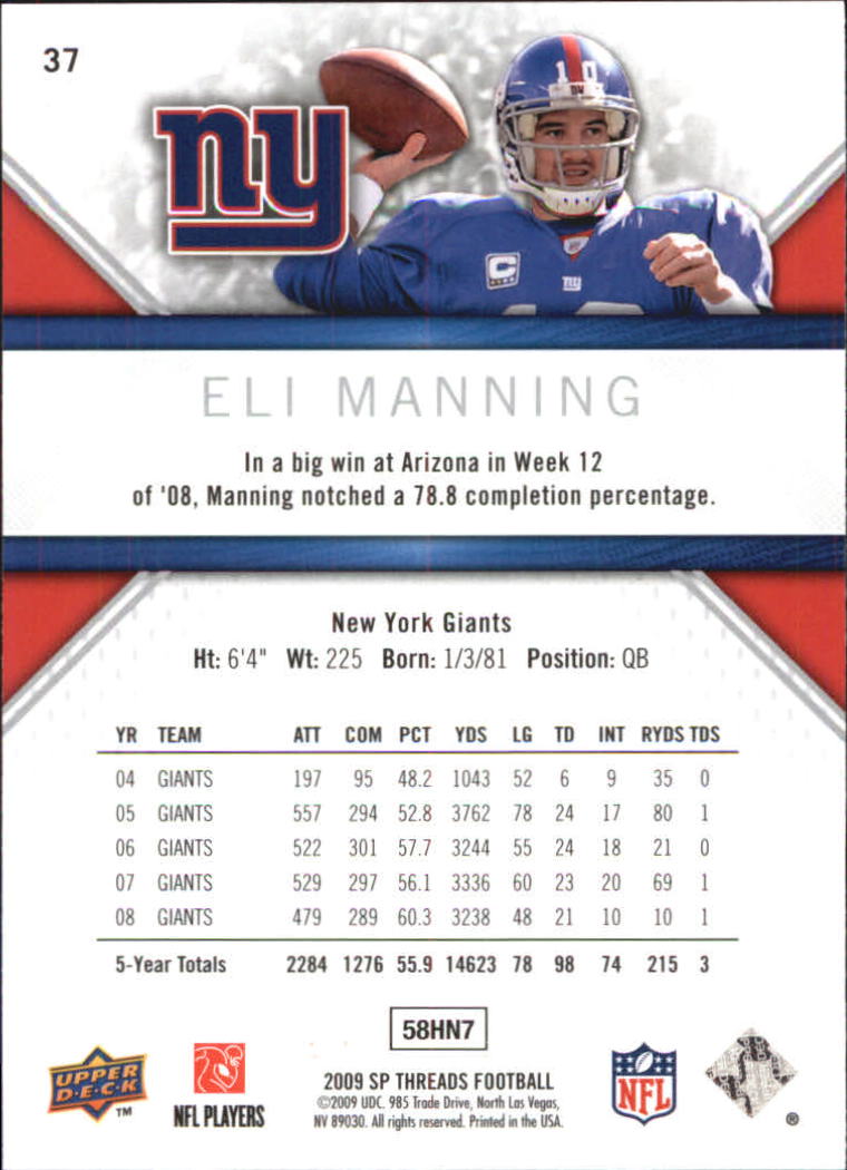 2009 SP Threads #37 Eli Manning back image