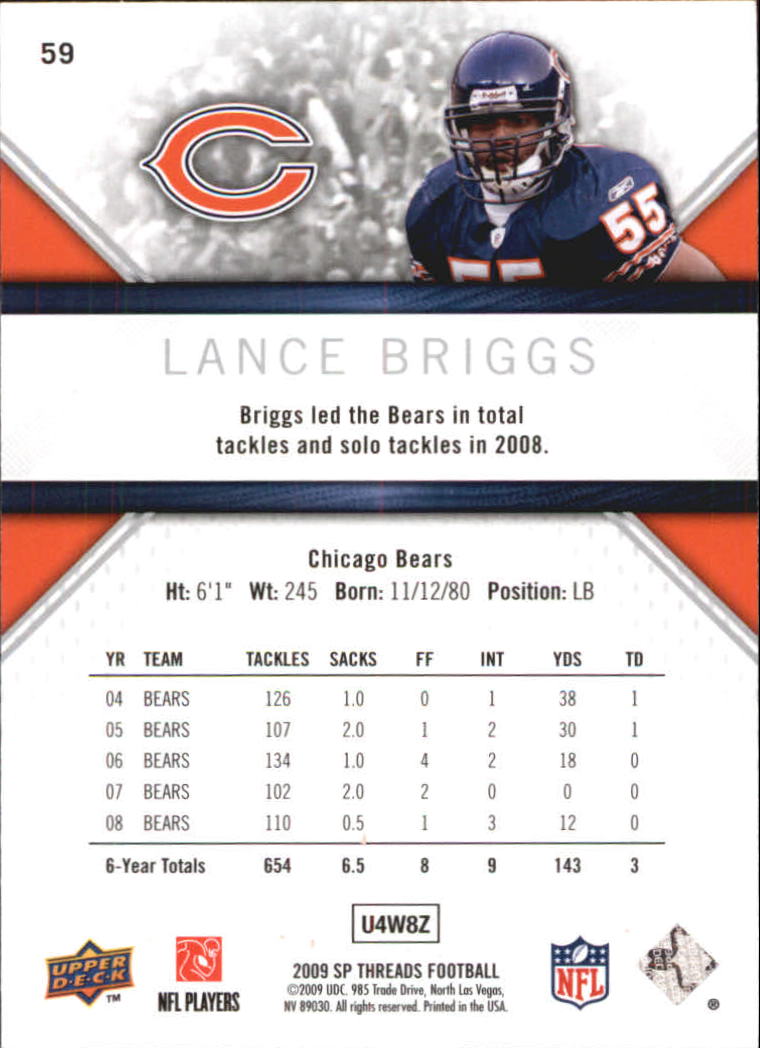 2009 SP Threads #59 Lance Briggs back image