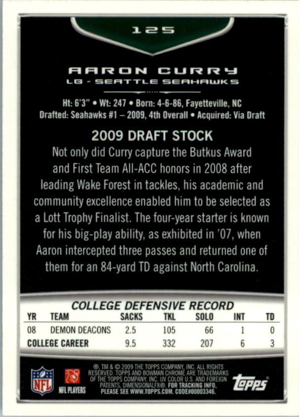 2009 Bowman Chrome #125 Aaron Curry RC back image
