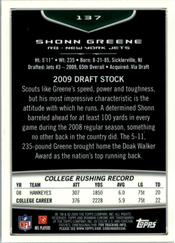 2009 Bowman Chrome #137 Shonn Greene RC back image