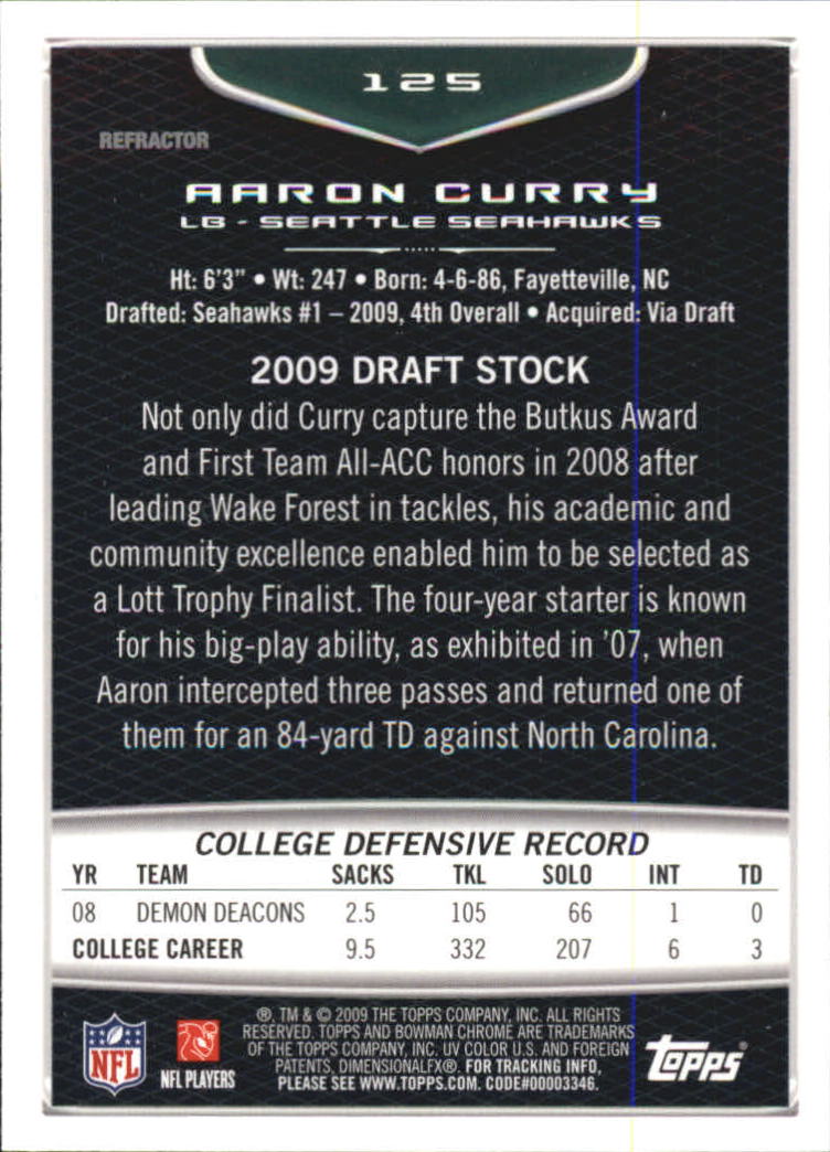 2009 Bowman Chrome Refractors #125 Aaron Curry back image