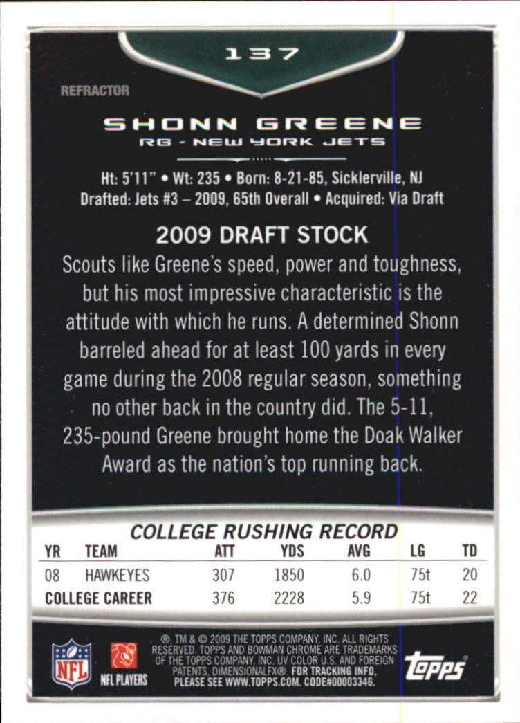 2009 Bowman Chrome Refractors #137 Shonn Greene back image