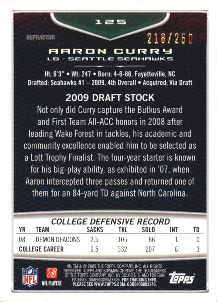 2009 Bowman Chrome Xfractors #125 Aaron Curry back image