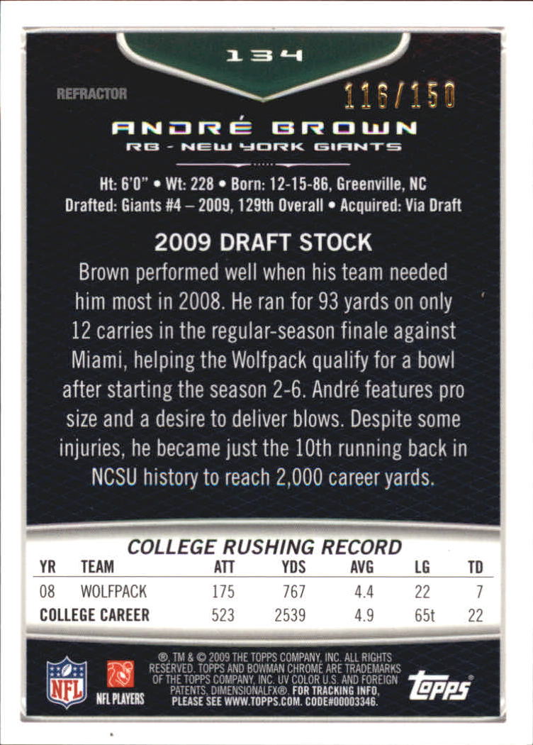 2009 Bowman Chrome Blue Refractors #134 Andre Brown back image