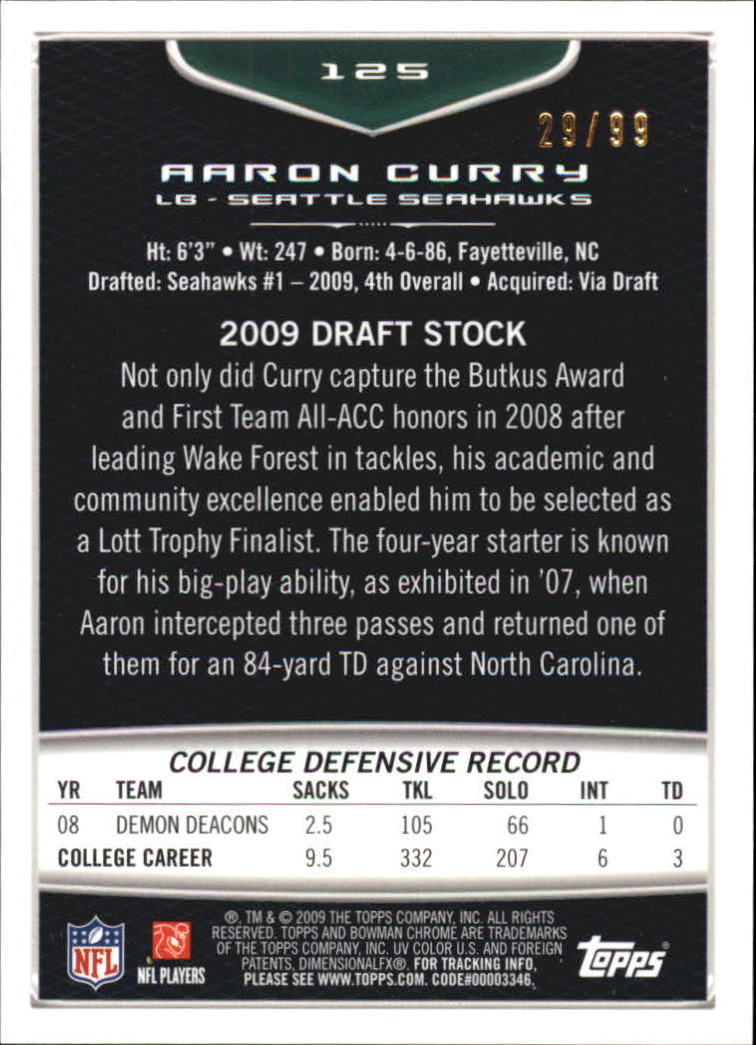 2009 Bowman Chrome Rookies Silver #125 Aaron Curry back image