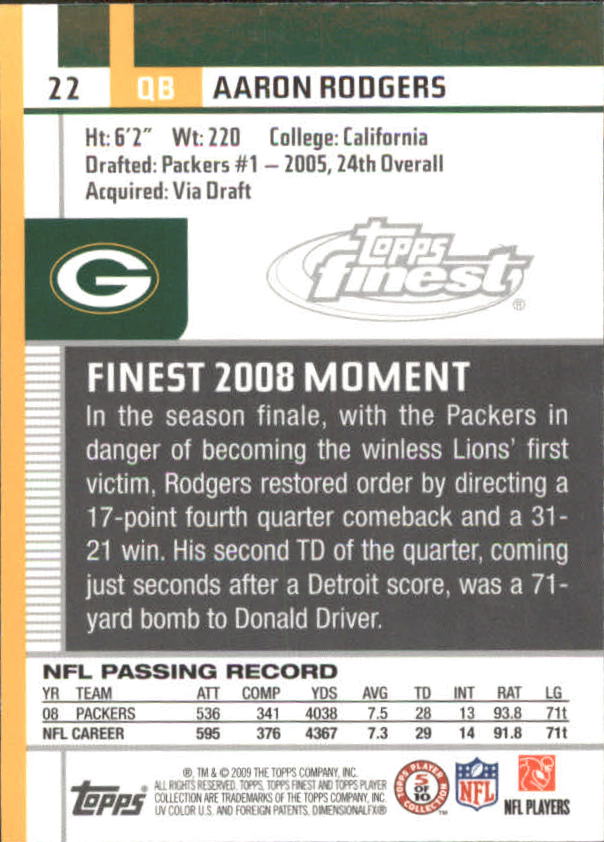 2009 Finest #22 Aaron Rodgers back image