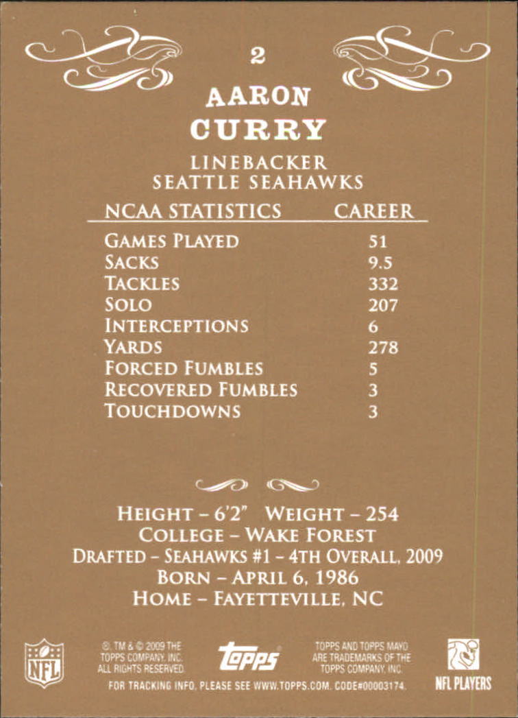 2009 Topps Mayo #2 Aaron Curry RC back image