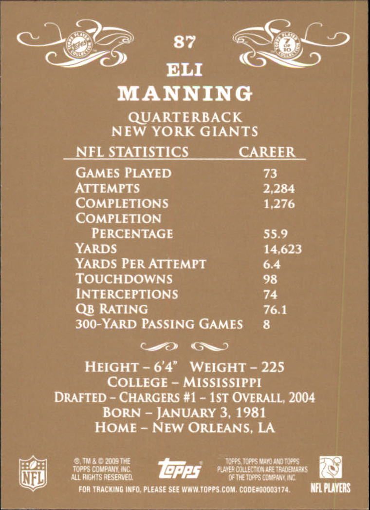 2009 Topps Mayo #87 Eli Manning back image