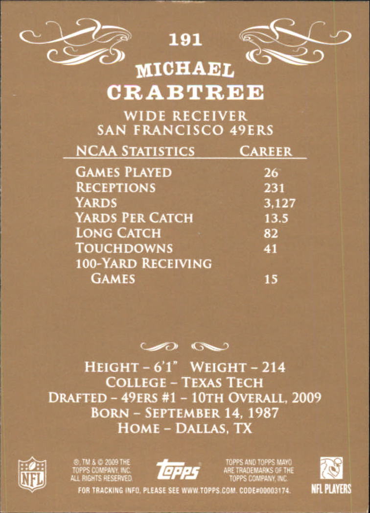 2009 Topps Mayo #191 Michael Crabtree RC back image