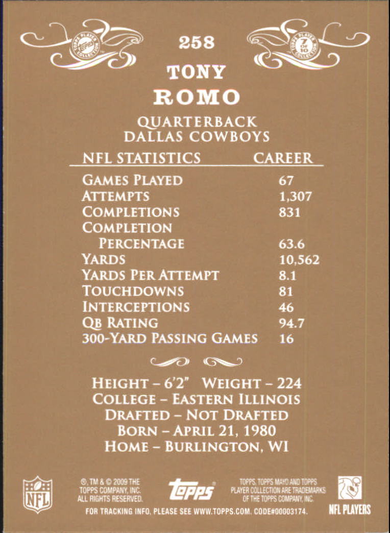 2009 Topps Mayo #258 Tony Romo back image