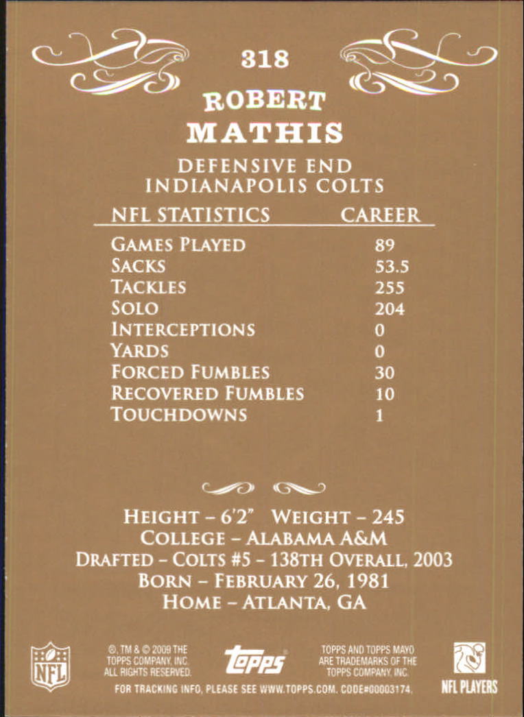 2009 Topps Mayo #318 Robert Mathis back image