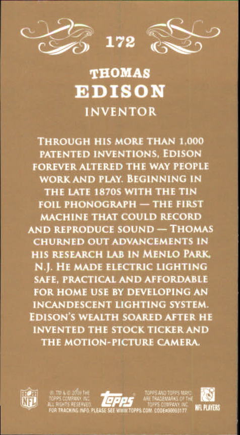 2009 Topps Mayo Mini #172 Thomas Edison inventor back image