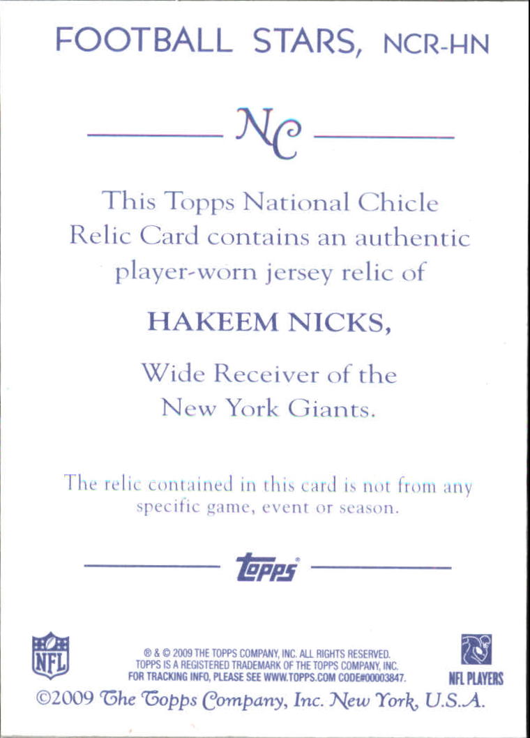 2009 Topps National Chicle Relics #NCRHN Hakeem Nicks B back image
