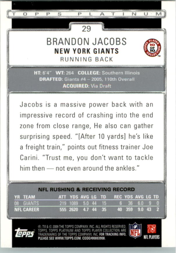 2009 Topps Platinum #29 Brandon Jacobs back image