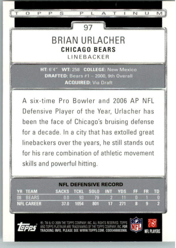 2009 Topps Platinum #97 Brian Urlacher back image