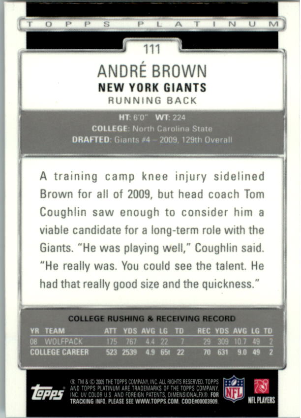 2009 Topps Platinum #111 Andre Brown RC back image