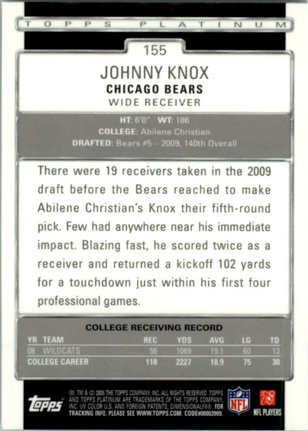 2009 Topps Platinum #155 Johnny Knox RC back image