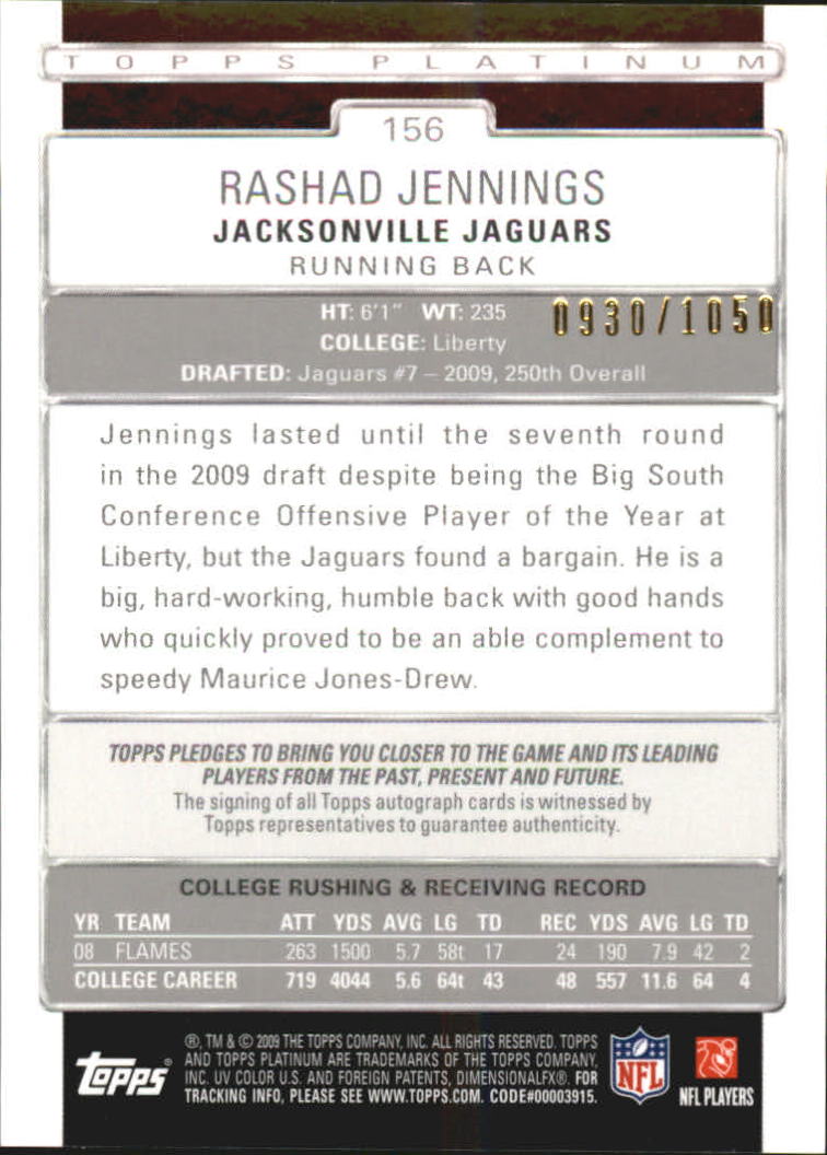 2009 Topps Platinum Rookie Autographs #156 Rashad Jennings/1050 back image