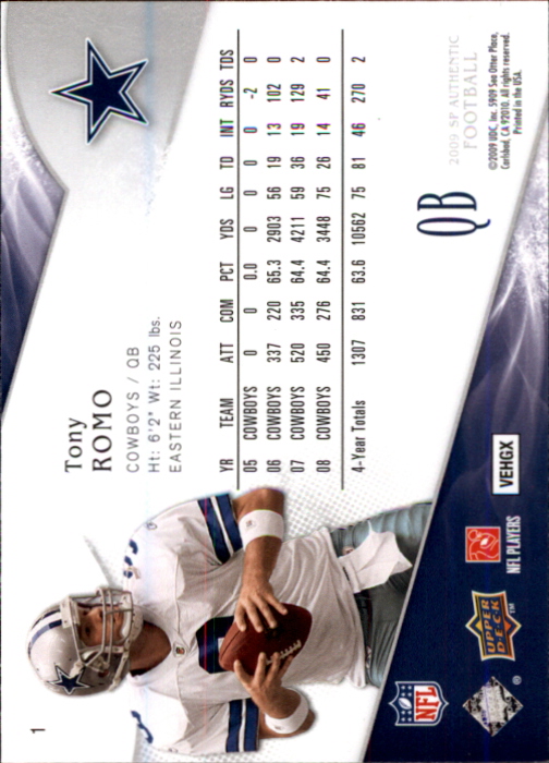 2009 SP Authentic #1 Tony Romo back image