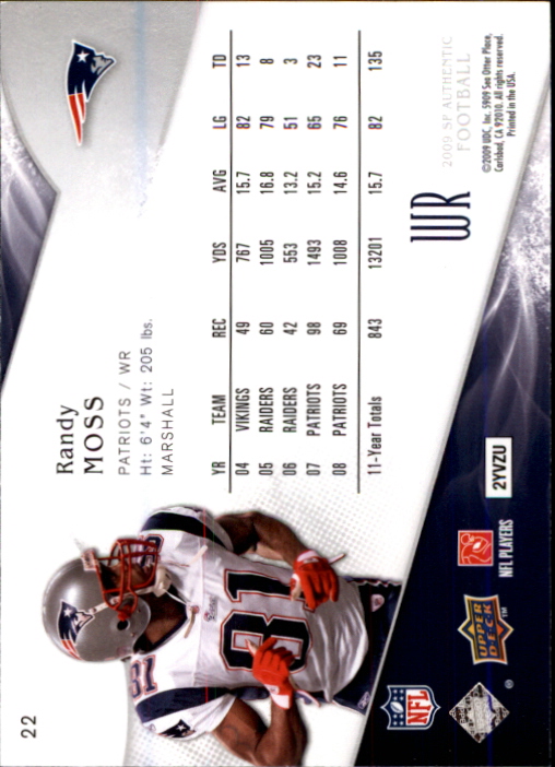 2009 SP Authentic #22 Randy Moss back image