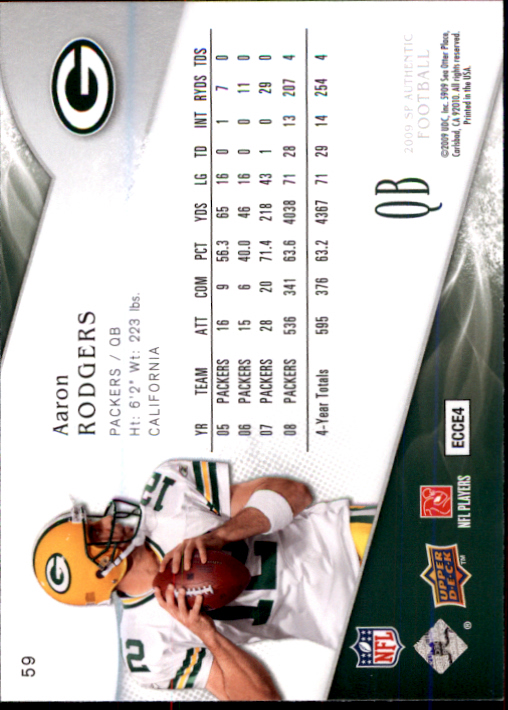 2009 SP Authentic #59 Aaron Rodgers back image