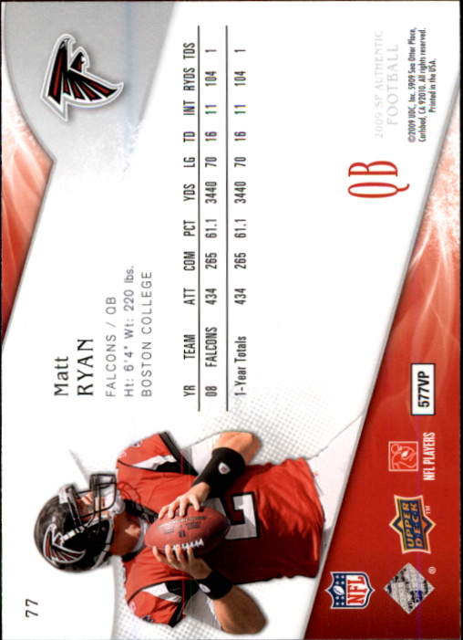 2009 SP Authentic #77 Matt Ryan back image