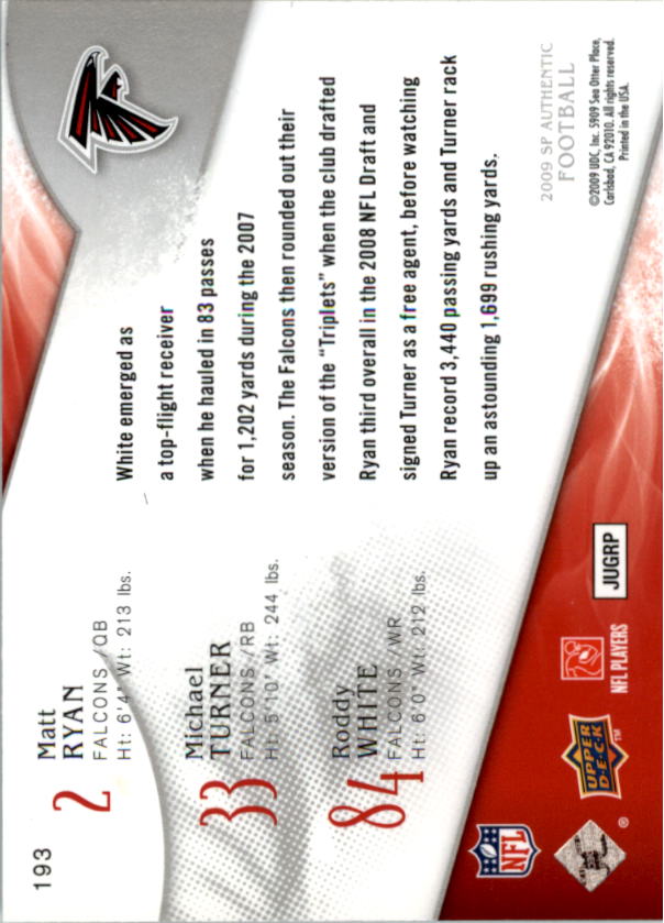2009 SP Authentic #193 Michael Turner/Roddy White/Matt Ryan back image