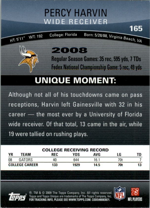 2009 Topps Unique #165 Percy Harvin RC back image