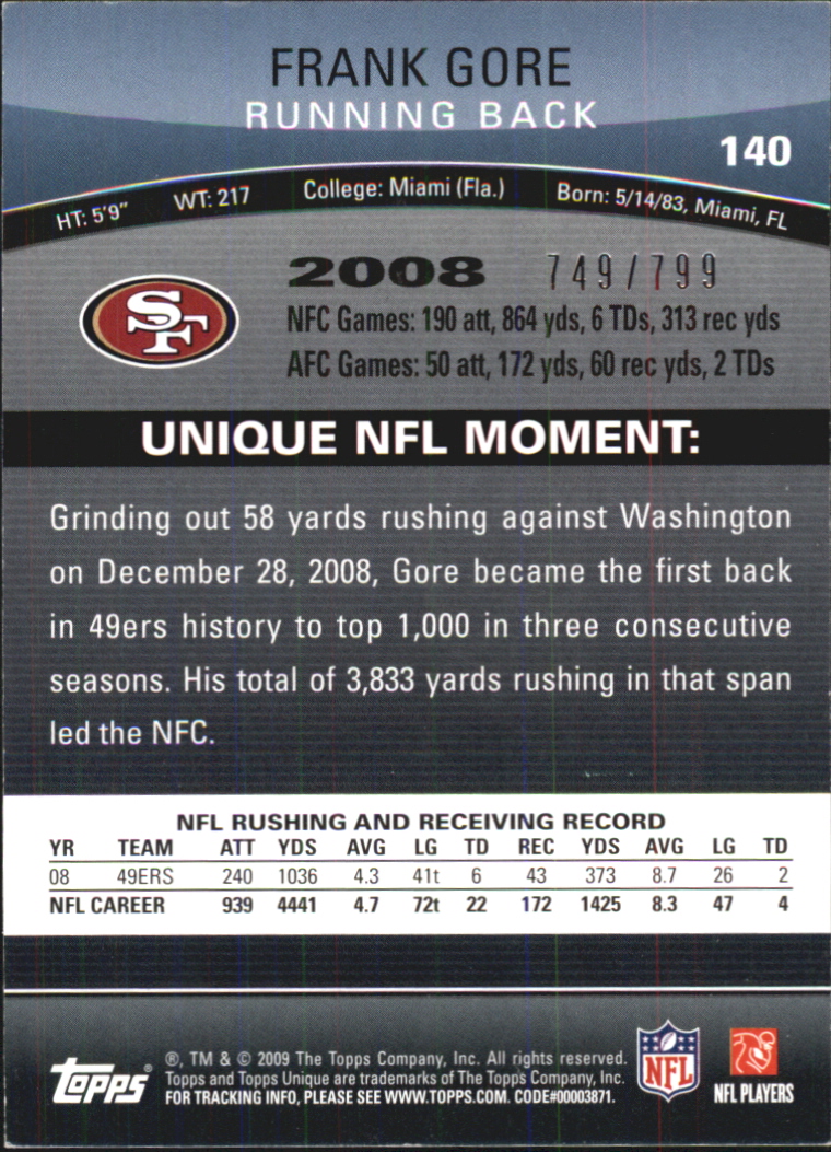 2009 Topps Unique Red #140 Frank Gore back image