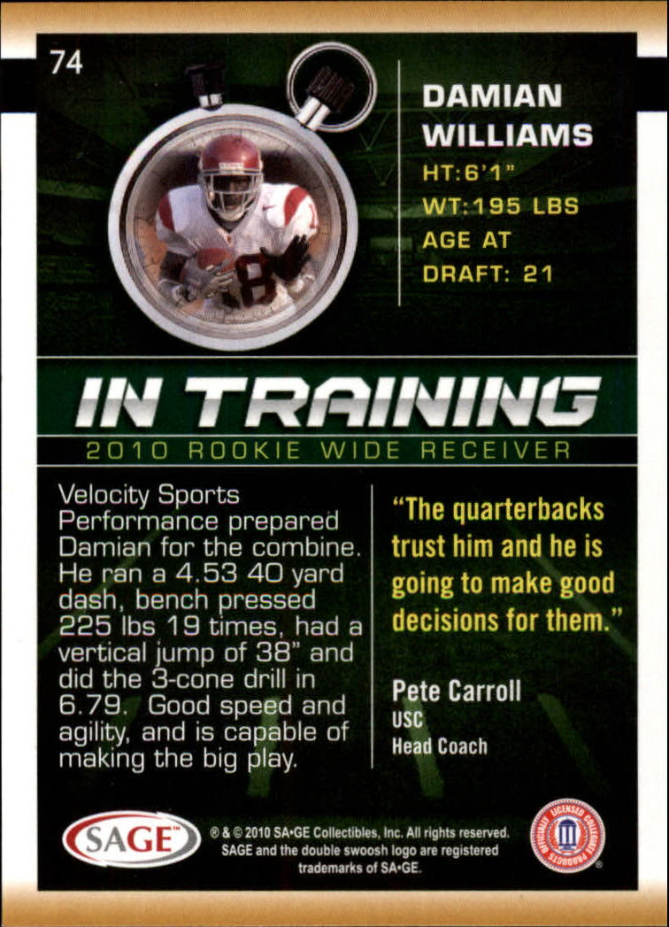 2010 SAGE HIT #74 Damian Williams IT back image