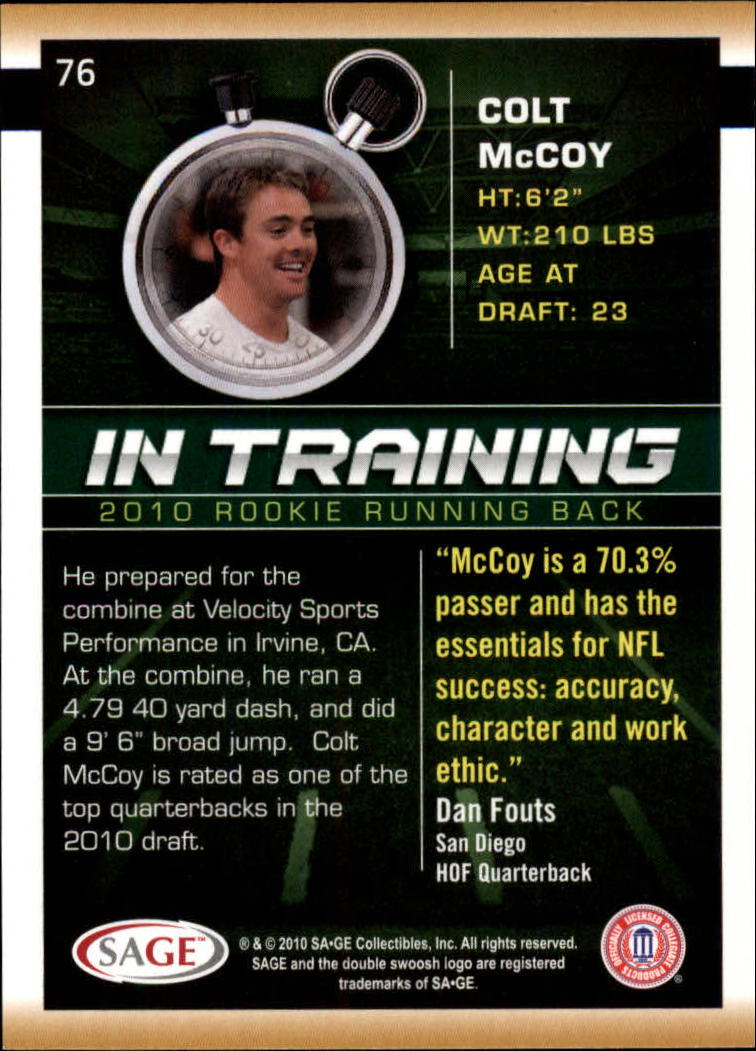 2010 SAGE HIT #76 Colt McCoy IT back image