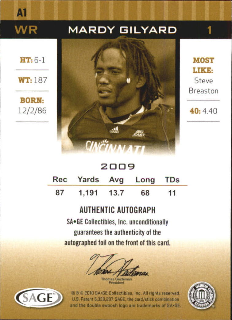 2010 SAGE HIT Autographs Silver #A1 Mardy Gilyard back image