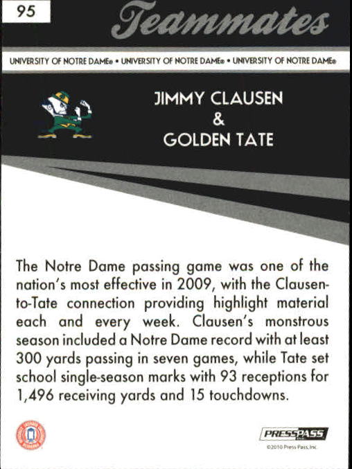 2010 Press Pass #95 Jimmy Clausen TM/Golden Tate back image