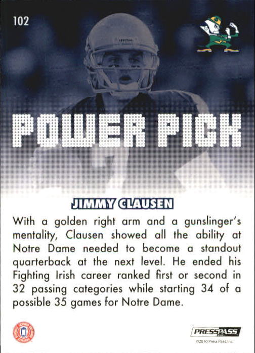 2010 Press Pass #102 Jimmy Clausen PP back image