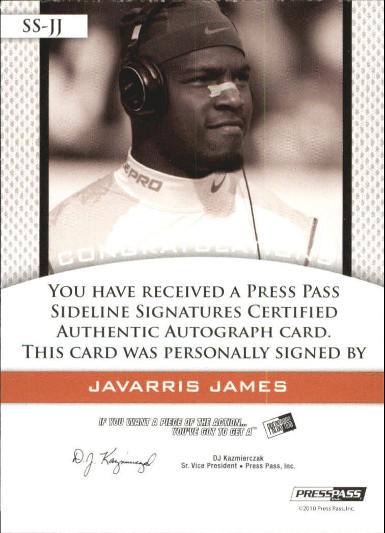 2010 Press Pass PE Sideline Signatures Gold #SSJJ Javarris James back image