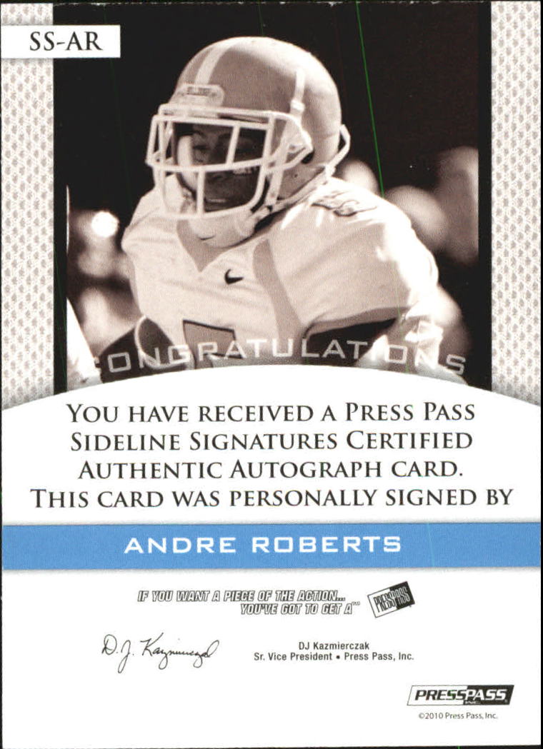 2010 Press Pass PE Sideline Signatures Gold #SSAR Andre Roberts back image