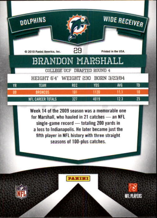 2010 Donruss Elite #29 Brandon Marshall back image