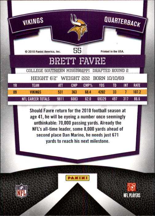 2010 Donruss Elite #55 Brett Favre back image