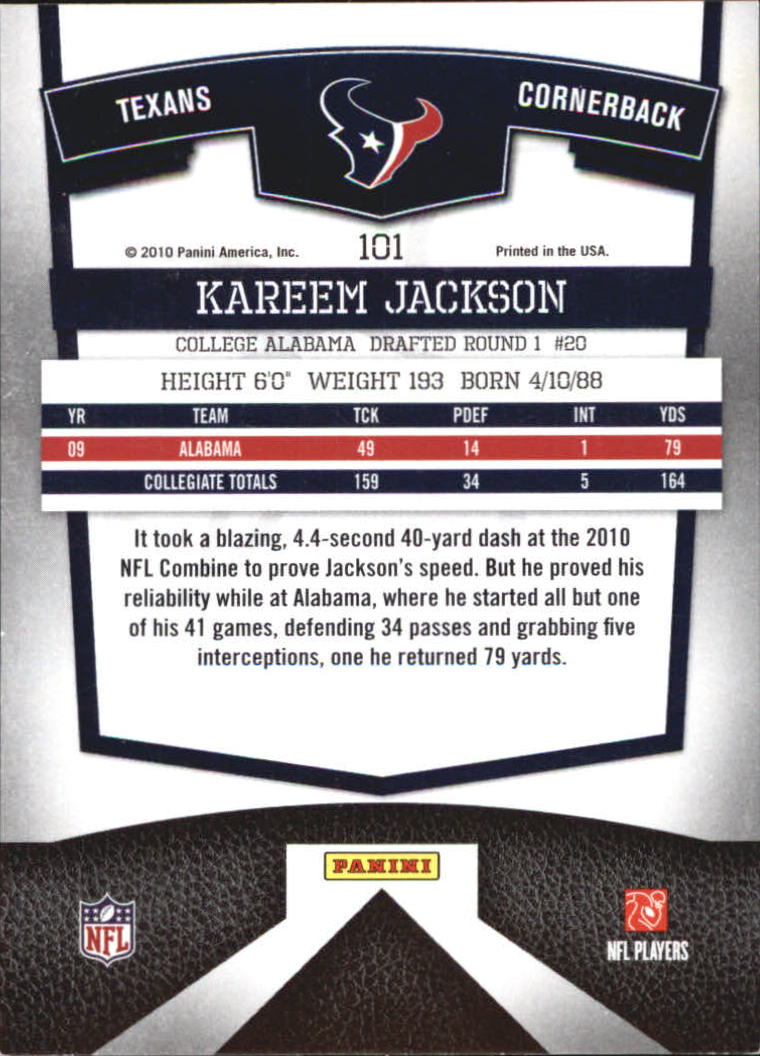 2010 Donruss Elite #101 Kareem Jackson RC back image