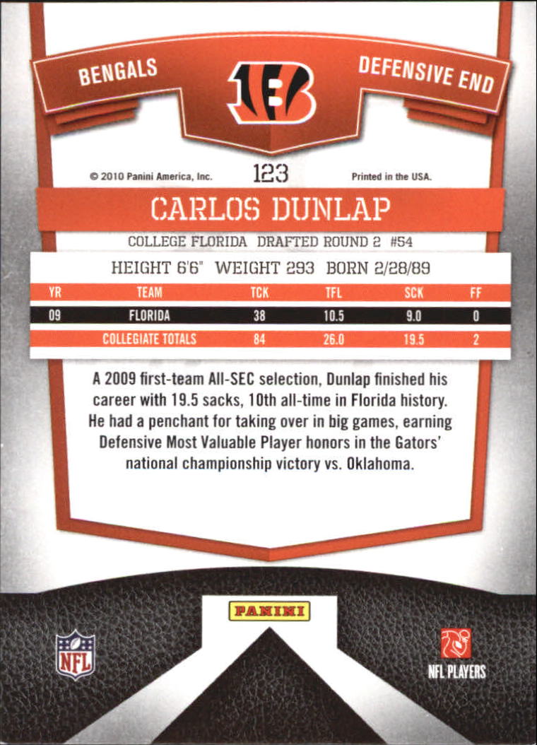 2010 Donruss Elite #123 Carlos Dunlap RC back image
