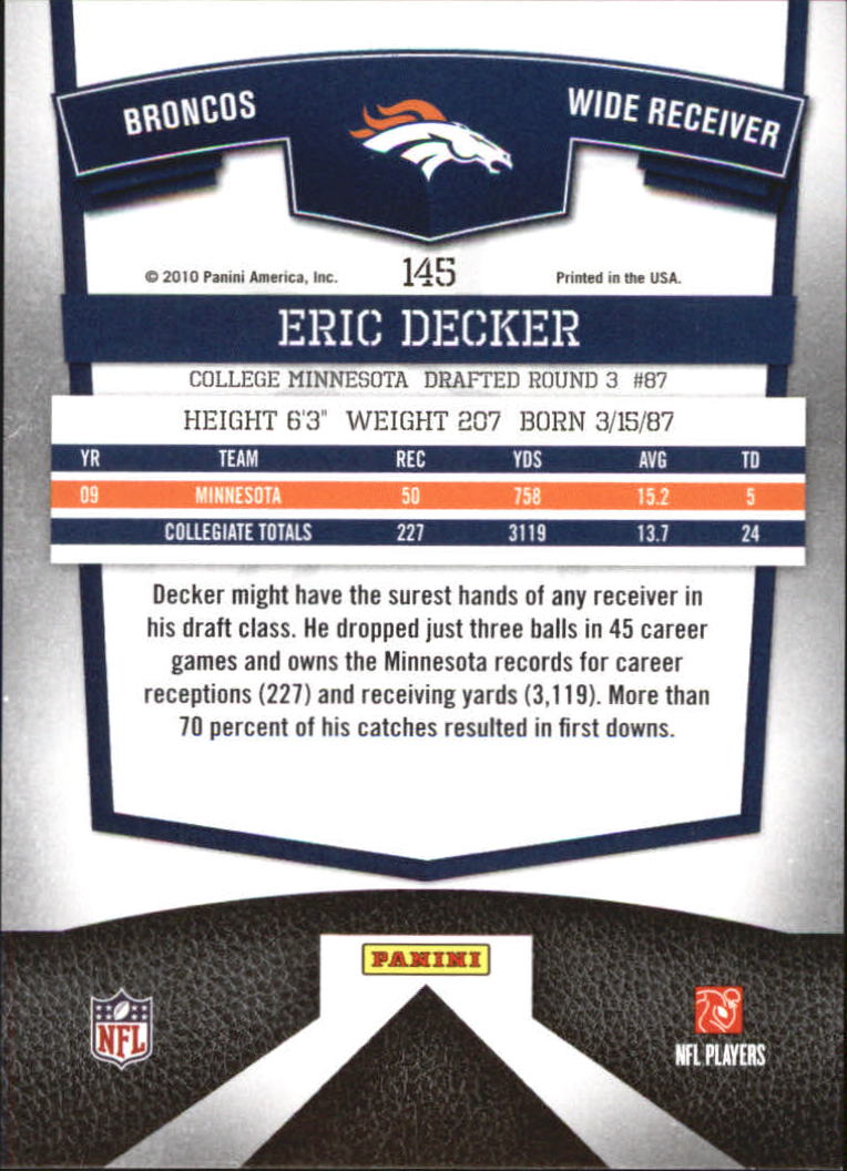 2010 Donruss Elite #145 Eric Decker RC back image
