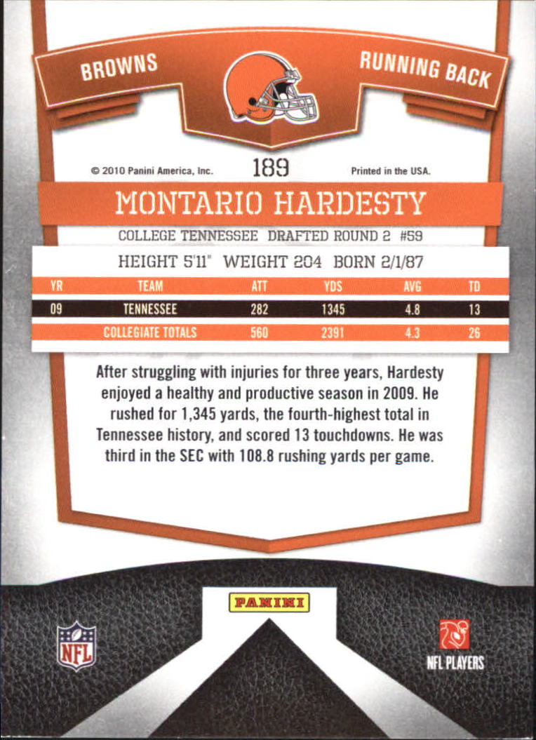 2010 Donruss Elite #189 Montario Hardesty RC back image