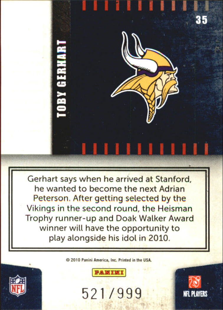 2010 Donruss Elite Rookie NFL Shield #35 Toby Gerhart back image