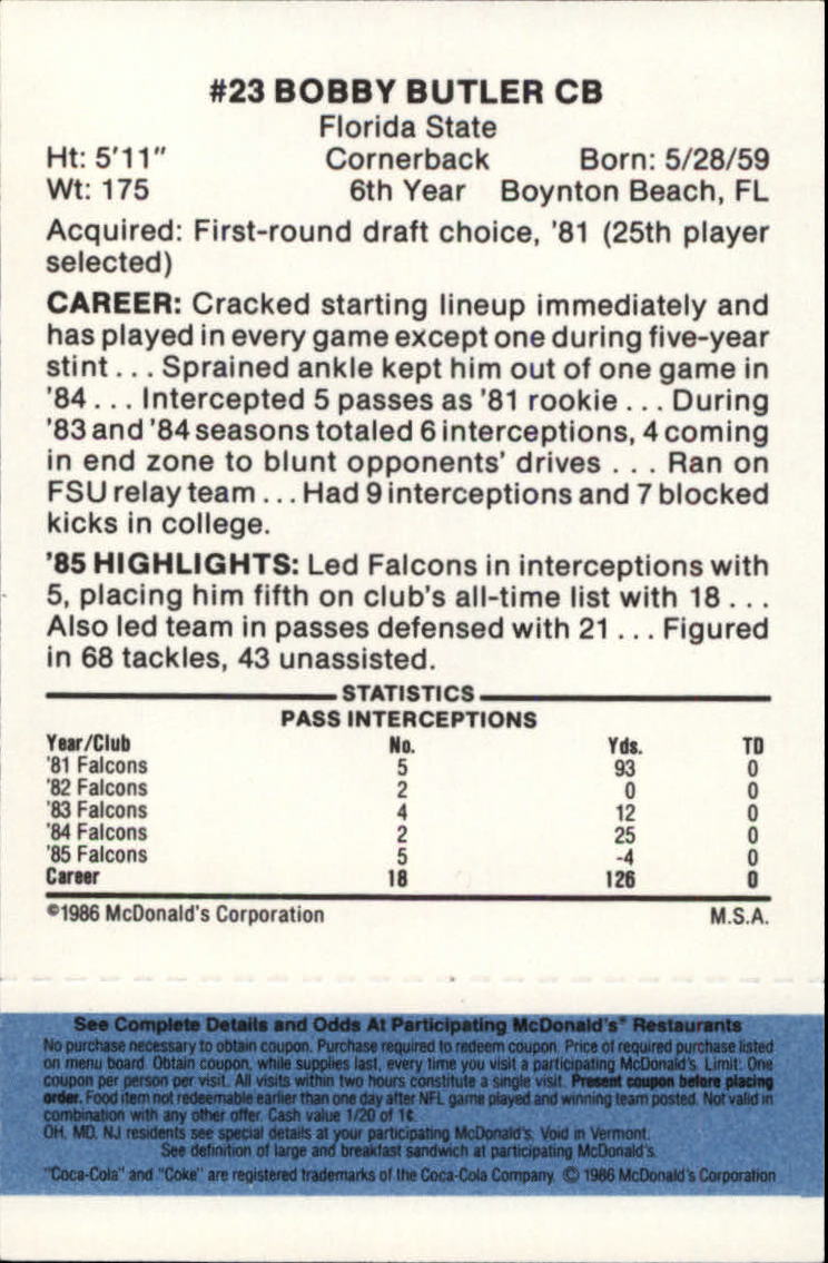 1986 McDonald's Falcons Blue Tab #23 Bobby Butler back image