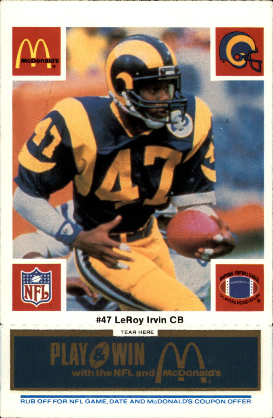 1986 McDonald's Rams Blue Tab 47 LeRoy Irvin NM