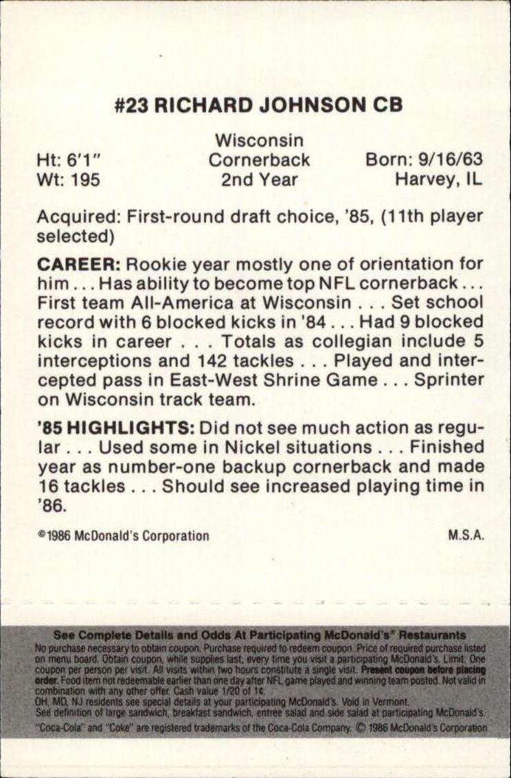 1986 McDonald's Oilers Black Tab #23 Richard Johnson back image