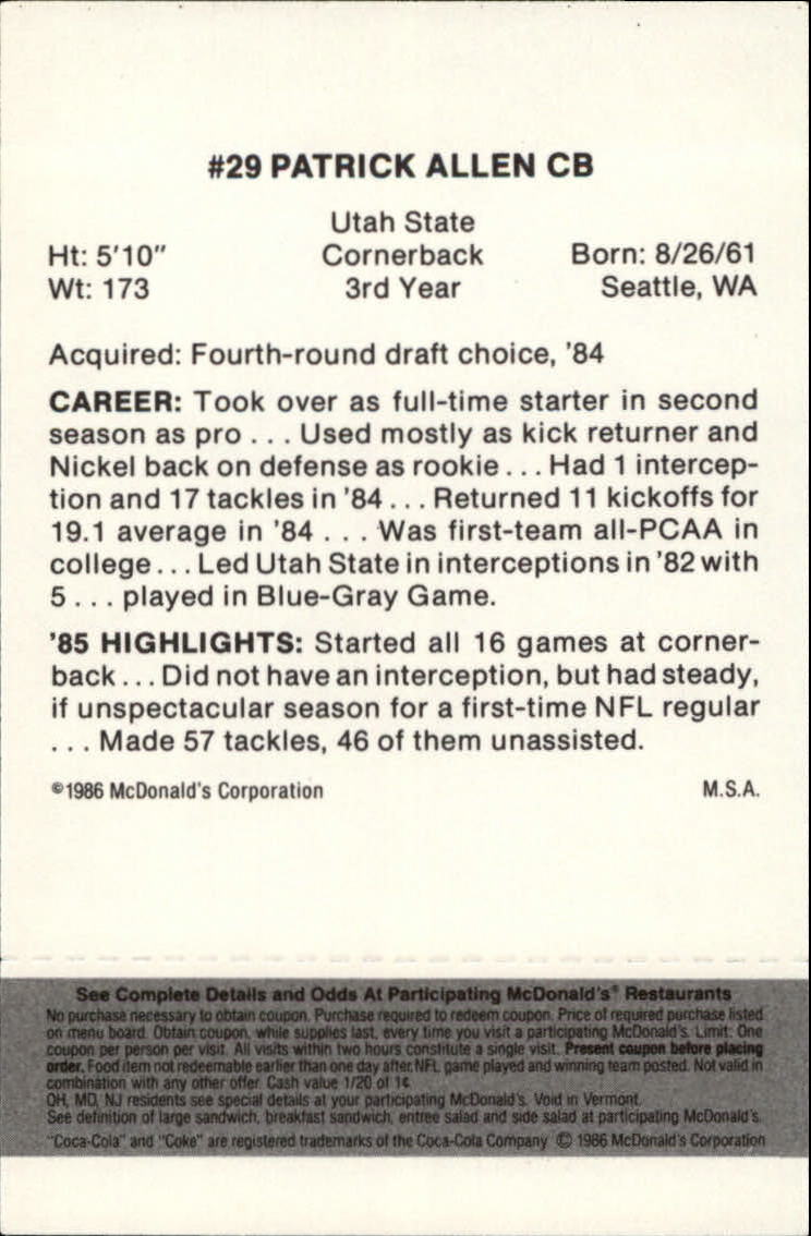 1986 McDonald's Oilers Black Tab #29 Patrick Allen DP back image