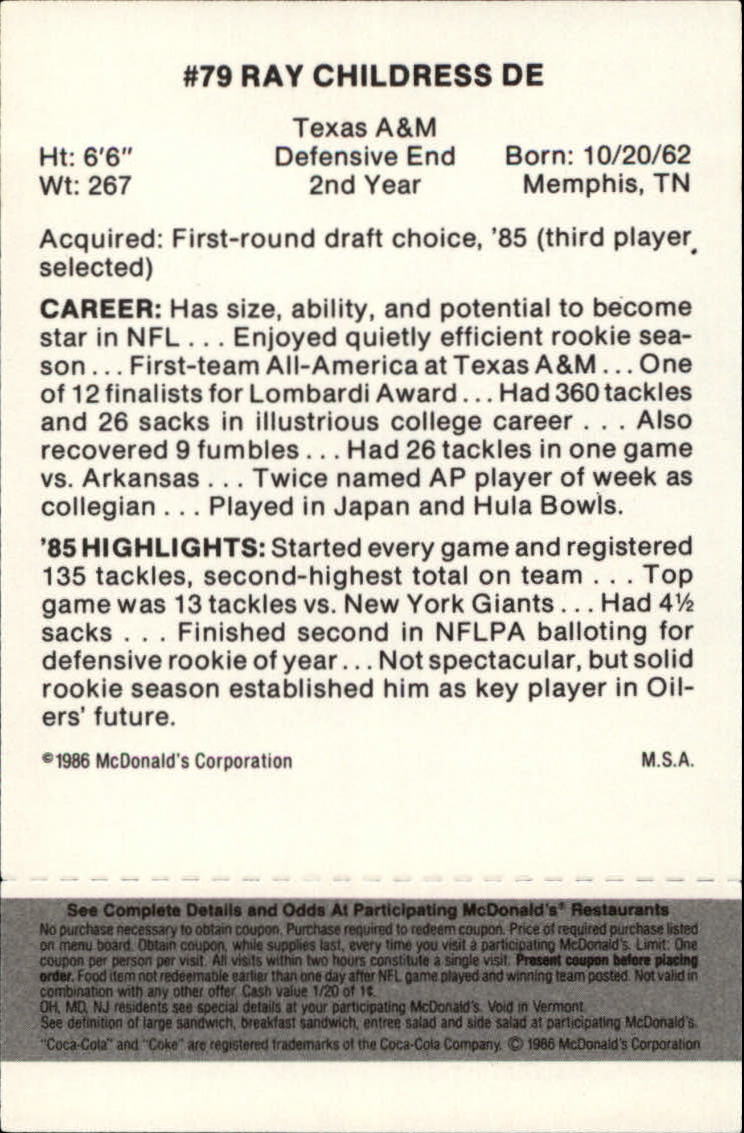 1986 McDonald's Oilers Black Tab #79 Ray Childress back image