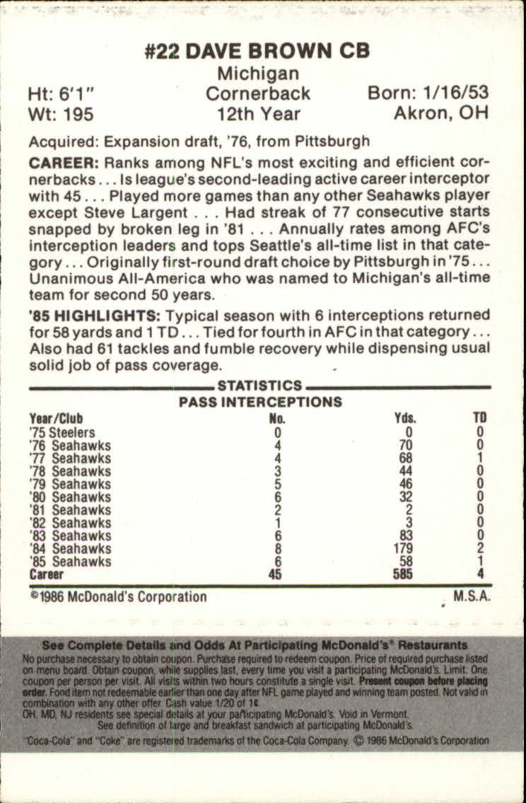 1986 McDonald's Seahawks Black Tab #22 Dave Brown DP back image